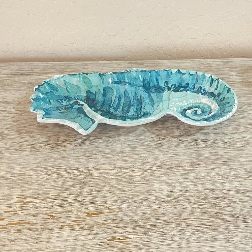 New Seahorse Melamine Serving Tray Turquoise Blue White Coastal Ocean Beach